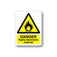 Highly flammable material danger sticker with yellow flame warning triangle and text