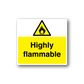 Highly flammable warning sticker with yellow label and flame hazard triangle icon