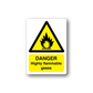 Highly flammable danger sticker with yellow triangle flame icon and danger text
