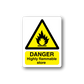 Rectangular Danger highly flammable store sticker with yellow hazard triangle and fire icon