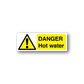 Rectangular danger hot water sticker with yellow warning triangle and bold text