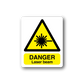 Laser beam danger sticker with yellow hazard triangle and black DANGER lettering