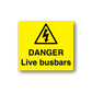 Yellow danger live busbars warning sticker with triangle symbol and bold text