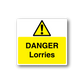 Yellow Danger Lorries sticker with warning triangle and DANGER Lorries text