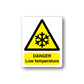 Danger low temperature sticker with yellow warning triangle and snowflake icon