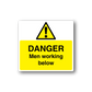 Safety sticker with yellow hazard triangle and text: DANGER, Men working below.