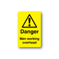 Yellow danger sticker with hazard triangle and 'Men working overhead' text