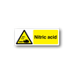 Nitric acid danger warning sticker: yellow text panel and hazard triangle