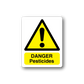 Warning sticker with yellow triangle and exclamation, reading DANGER Pesticides