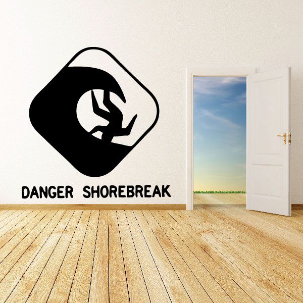 Surfing danger shorebreak decal with black logo and white text