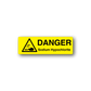 Yellow DANGER hazard sticker with sodium hypochlorite label and black warning triangle