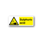 Danger sulphuric acid warning sticker, yellow triangle with hazard icon and yellow label