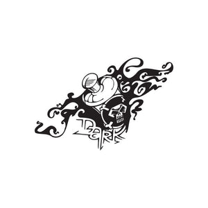 Dark graffiti decal sticker with cartoon figure, microphone, skull, and swirling lines