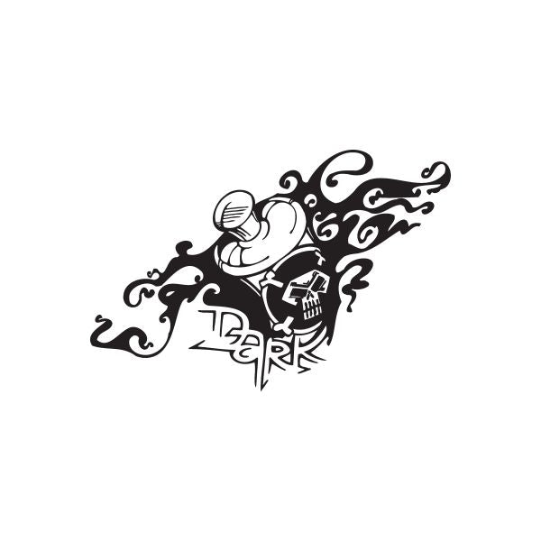 Dark graffiti decal sticker with cartoon figure, microphone, skull, and swirling lines