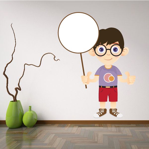 Cartoon sticker of a boy with dark hair holding a blank speech bubble sign