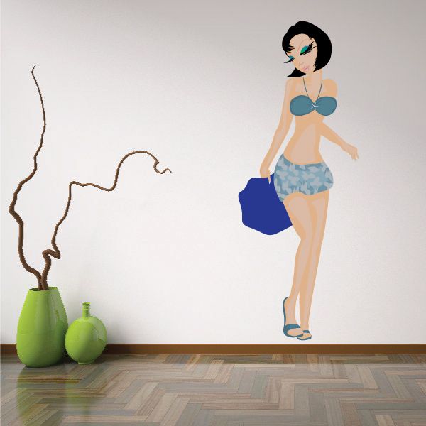 Bikini sticker of cartoon woman with dark hair and blue bikini, carrying a blue bag.