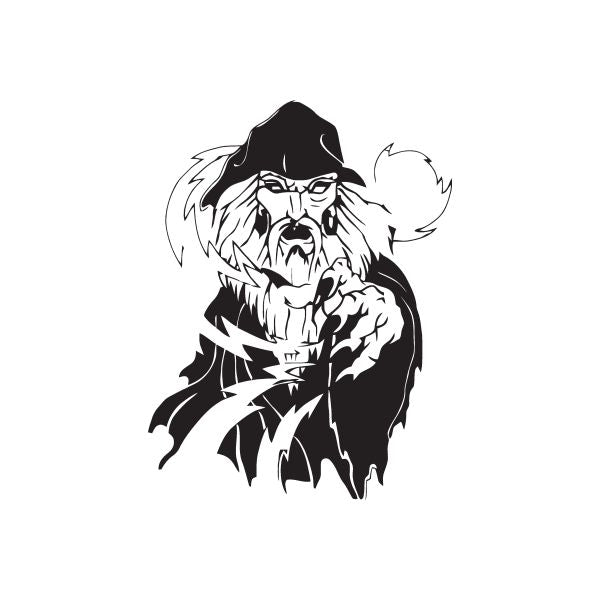 Black and white wizard head decal with hat, beard, and lightning accents