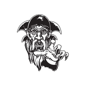 Black wizard face decal with pointed hat and raised hand, white line art