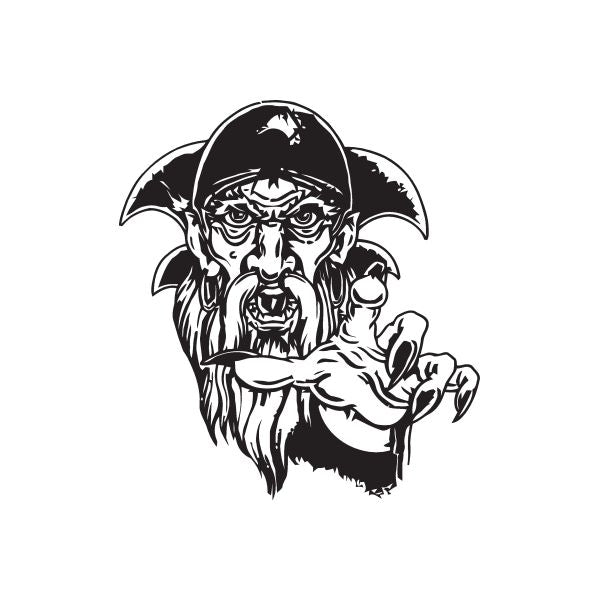 Black wizard face decal with pointed hat and raised hand, white line art
