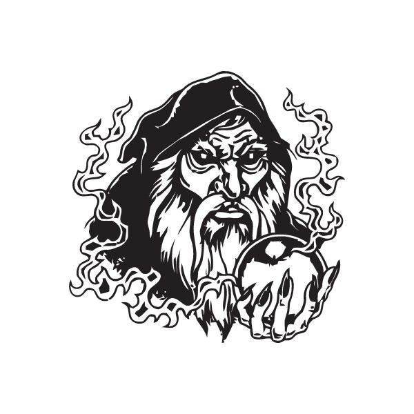 Dark necromancer hood decal with bearded face, flames, and crystal ball illustration