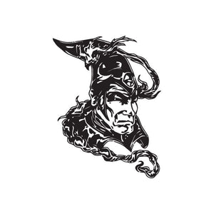 Wizard head decal with black line-art portrait and curved horn-like shapes