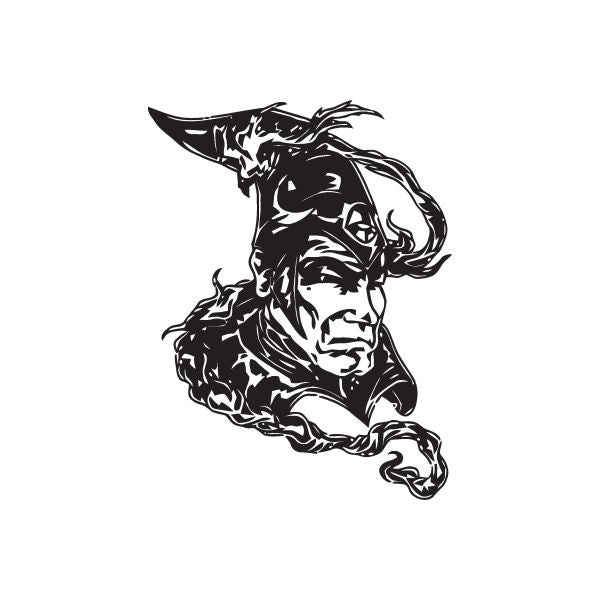 Wizard head decal with black line-art portrait and curved horn-like shapes
