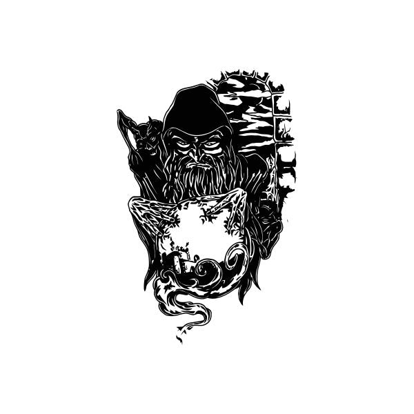 Wizard reading crystal ball decal, black illustrated face holding glowing sphere