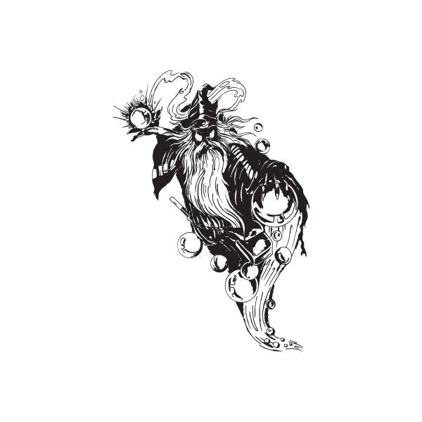 Wizard spirit decal with black ink wizard head, swirling beard, white outline