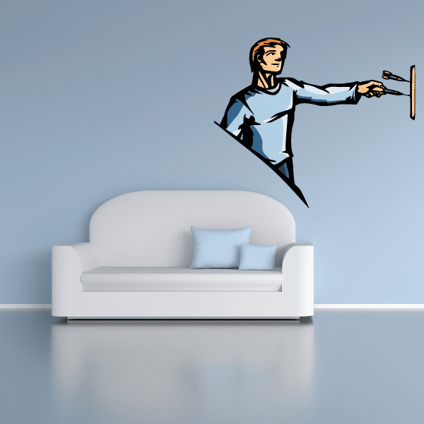 Dart player pulling darts wall sticker, cartoon figure holding dart and dartboard