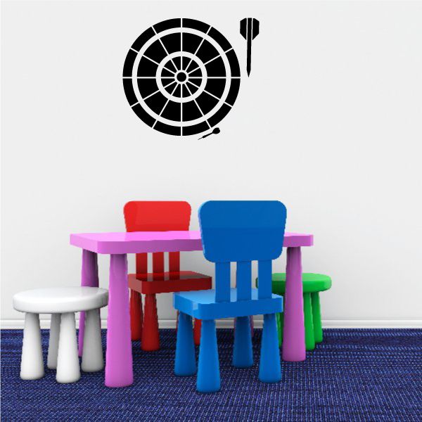 Dartboard and darts wall decal with black and white target design