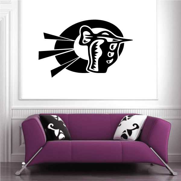 Vinyl wall decal featuring stylized black-and-white face in round emblem with arrows