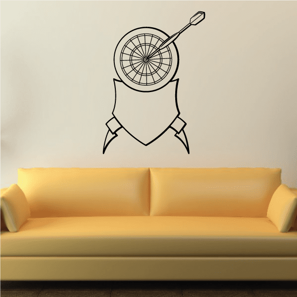 Dartboard wall decal with dart and ribbon banner in black outline