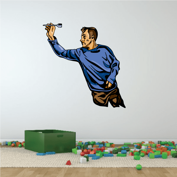 Die cut vinyl wall decal of a cartoon man in blue shirt aiming upward