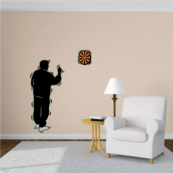 Darts wall decal sticker with black player silhouette and dartboard