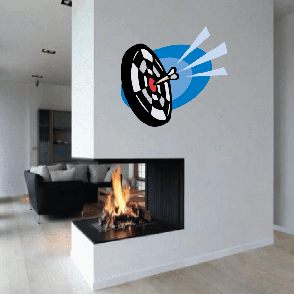 Darts wall decal sticker with black dartboard, red bullseye and dart hitting center