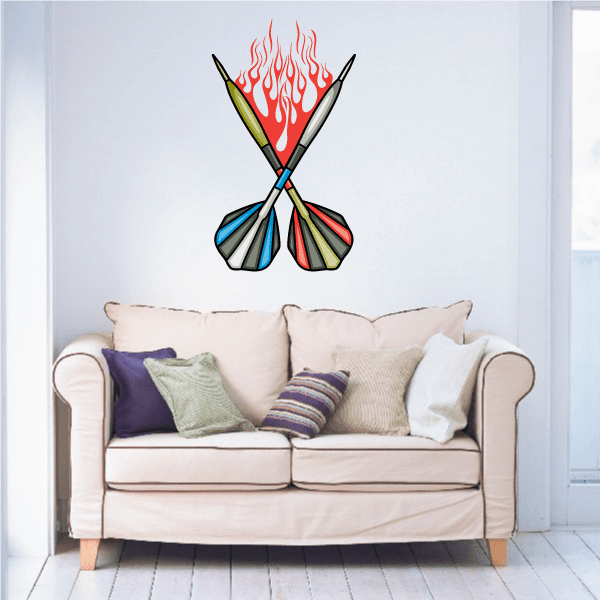 Crossed dart wall decal with red flame design, vinyl die-cut sticker