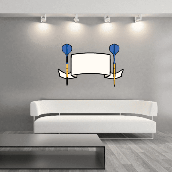 Darts wall decal vinyl sticker with blue dartboard and ribbon banner