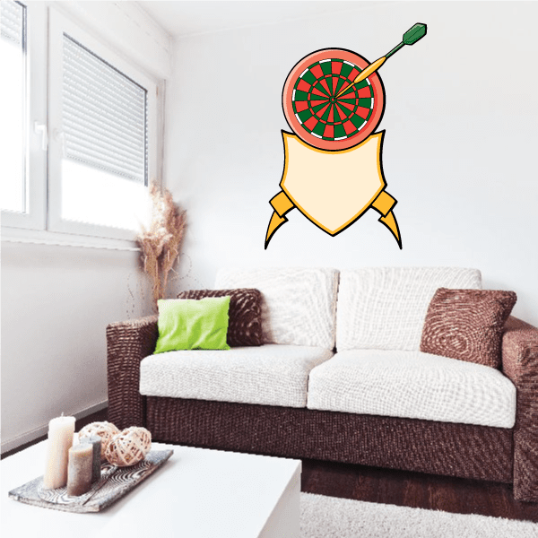 Dartboard wall decal with dart and ribbon banner, red green and yellow design