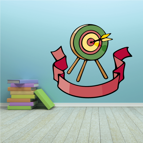 Colorful darts wall decal sticker with green target, three darts, and red ribbon banner