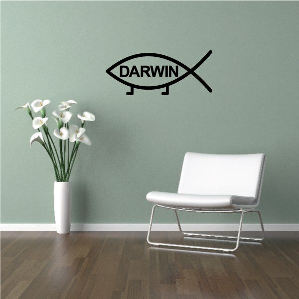 Darwin fish with legs wall decal, black outline with 'DARWIN' text