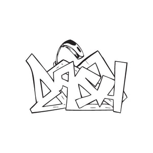 Graffiti-style dash decal with bold black abstract letter shapes