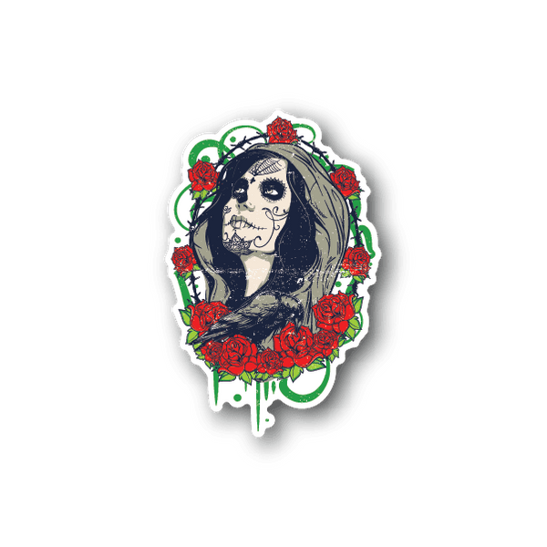 Vinyl sticker of a blue-haired skull woman in red rose wreath and jeweled crown