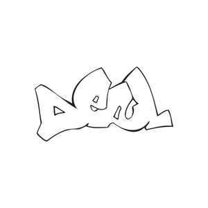 Graffiti decal with outlined deal sign and flame details
