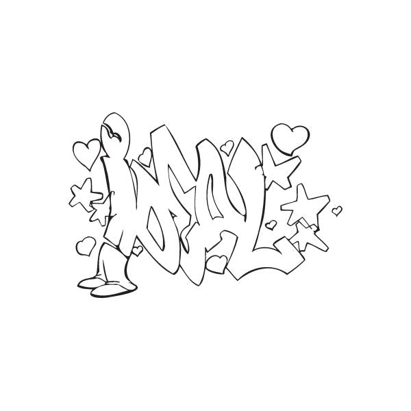 Graffiti decal reading Deal with hearts and star shapes, black line art.