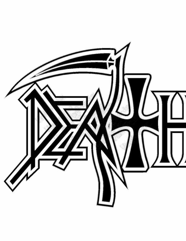 Geometric band decal with bold black lettering and white outline