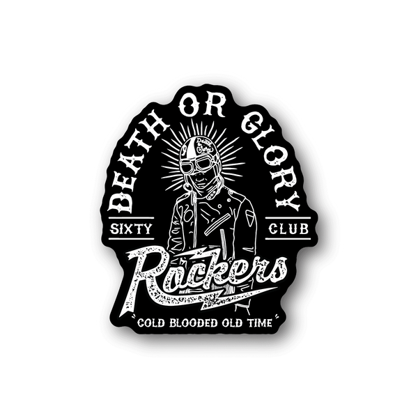 Vinyl motorcycle club sticker with skull rider and Riches lettering