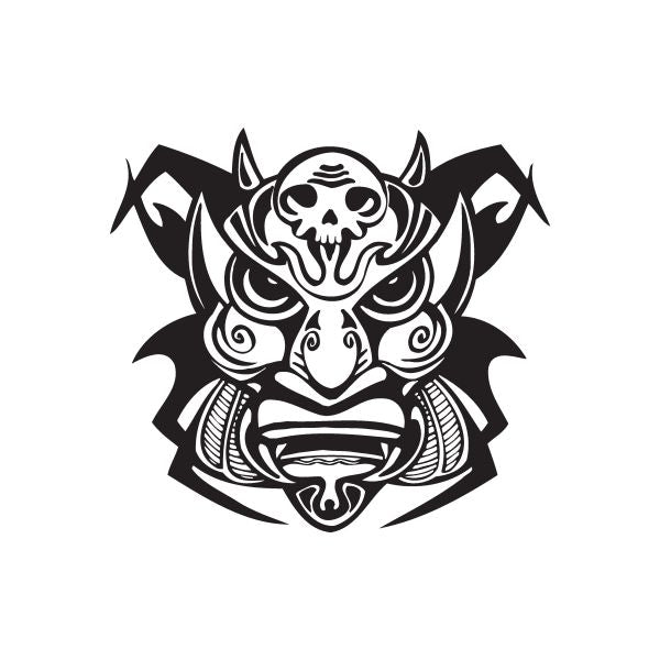 Black and white tiki skull mask decal with tribal swirls and horns