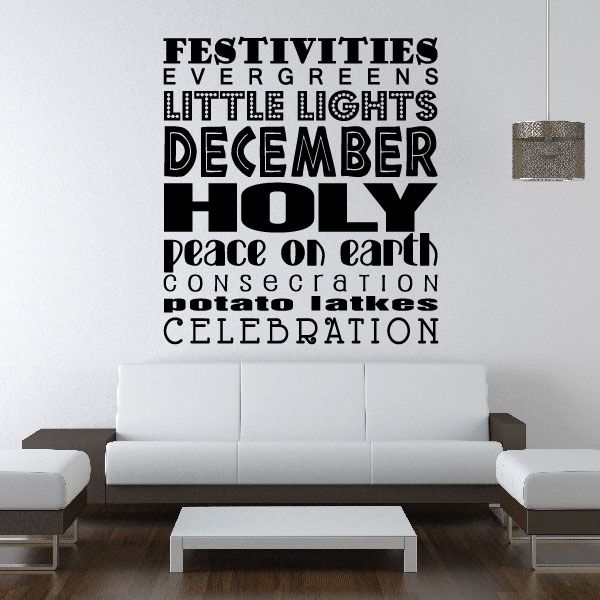 December word collage wall decal with festive black typography and holiday phrases
