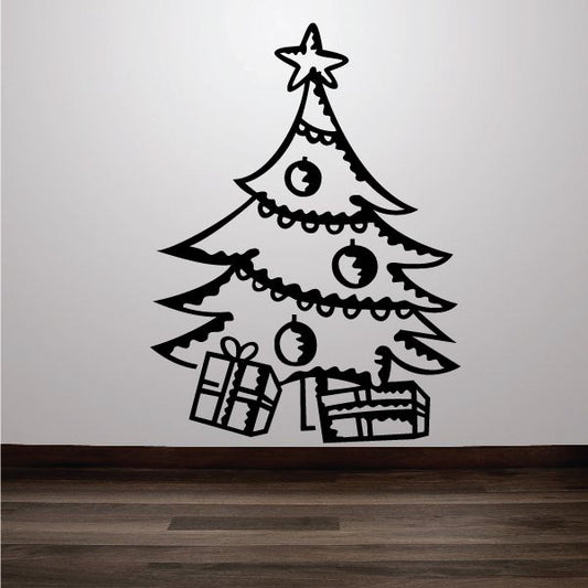 Image of Decorated Christmas Tree with Presents Outline Decal