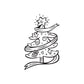 Decorated Christmas tree ribbon decal with ornaments and striped ribbon, line art